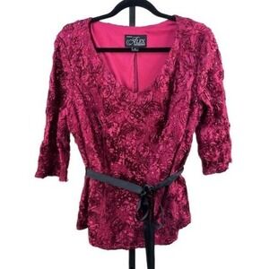 Alex Evenings Top Women's Size 1X Magenta Rosette Sequin V Belted Top Evening